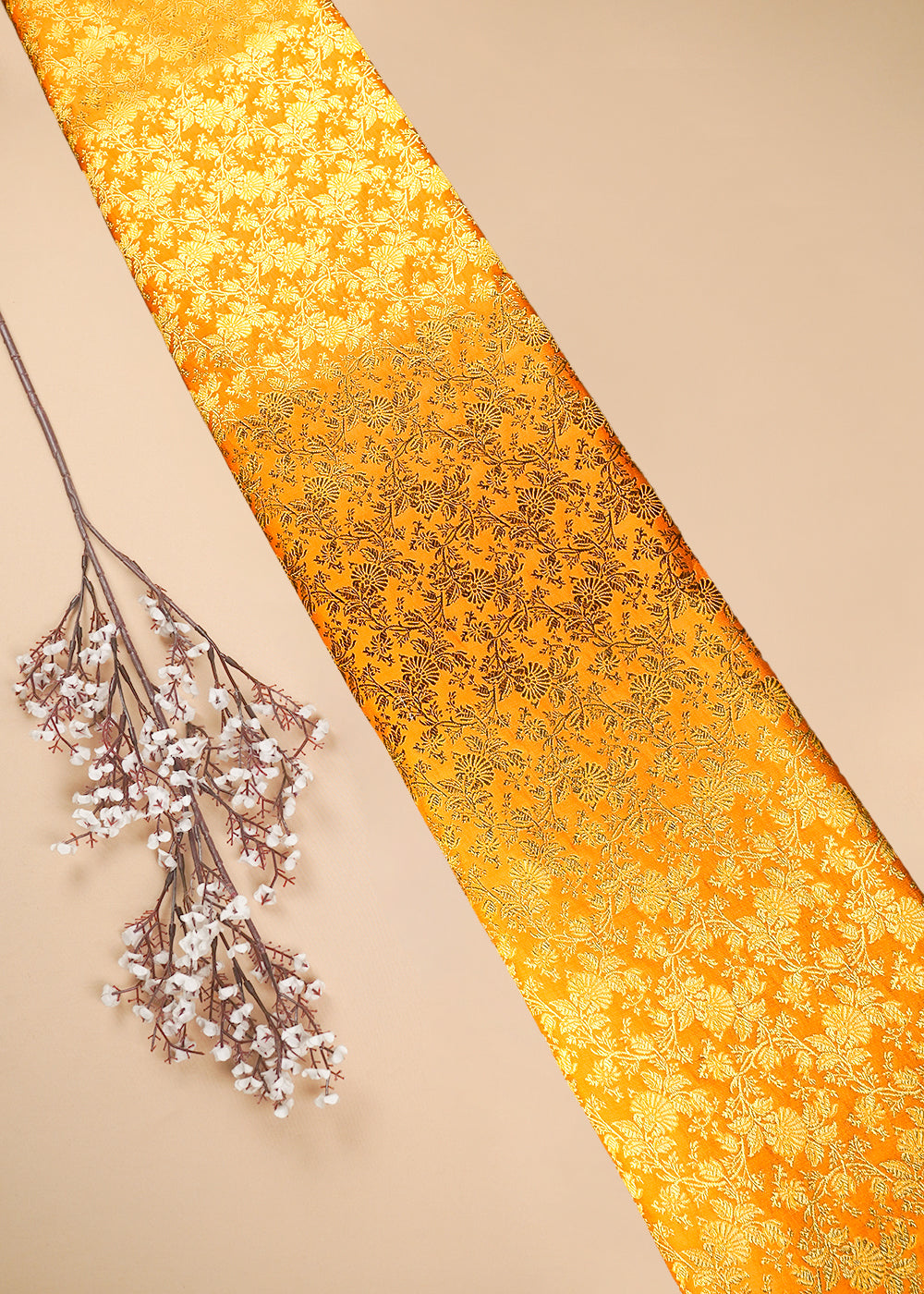 Mustard Banarasi Brocade Fabric With All Over Thread And Zari Handloom 25693