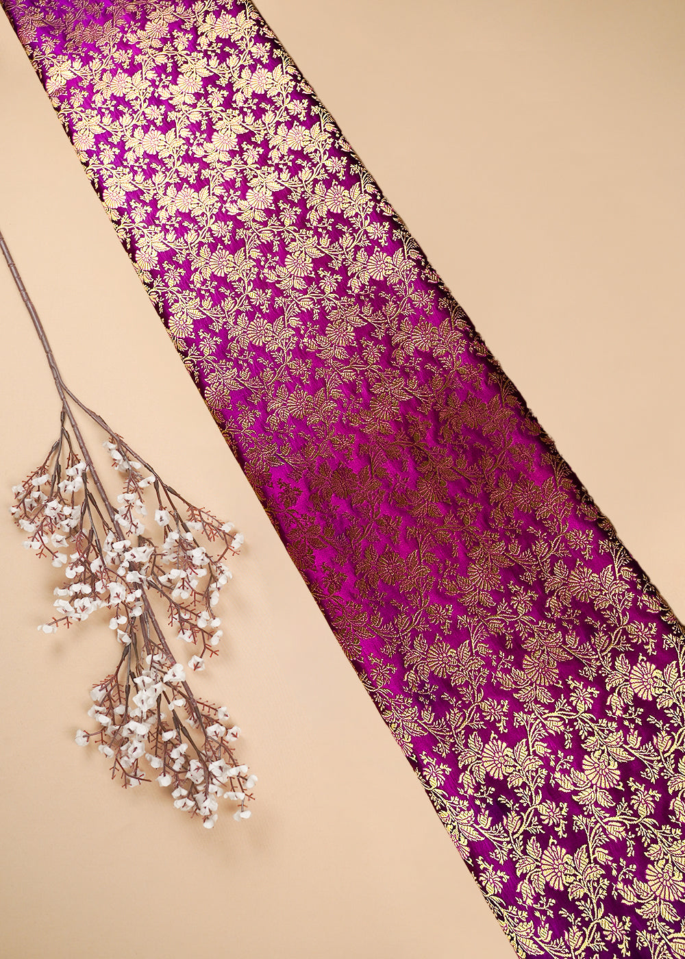 Purple Banarasi Brocade Fabric With All Over Thread And Zari Handloom 25695
