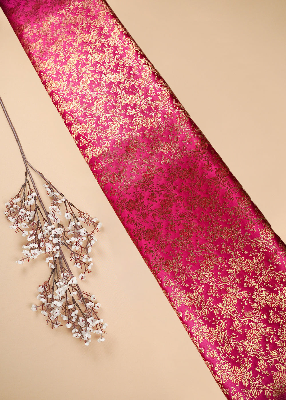 Pink Banarasi Brocade Fabric With All Over Thread And Zari Handloom 25696