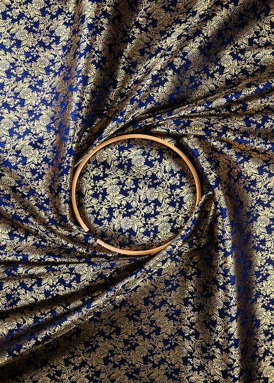 Navy Blue Banarasi Brocade Fabric With All Over Thread And Zari Handloom 25698