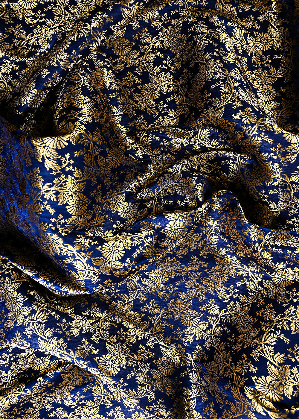 Navy Blue Banarasi Brocade Fabric With All Over Thread And Zari Handloom 25698