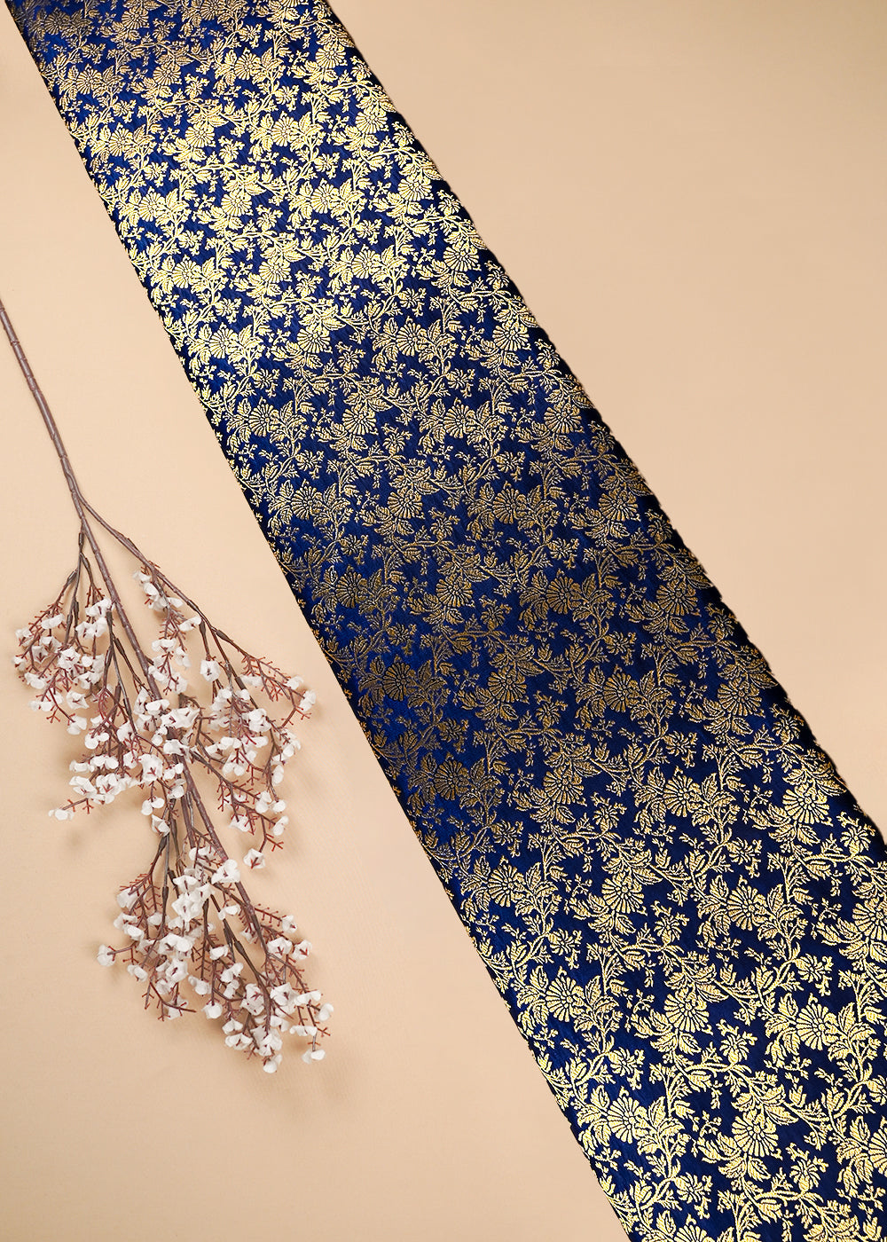 Navy Blue Banarasi Brocade Fabric With All Over Thread And Zari Handloom 25698