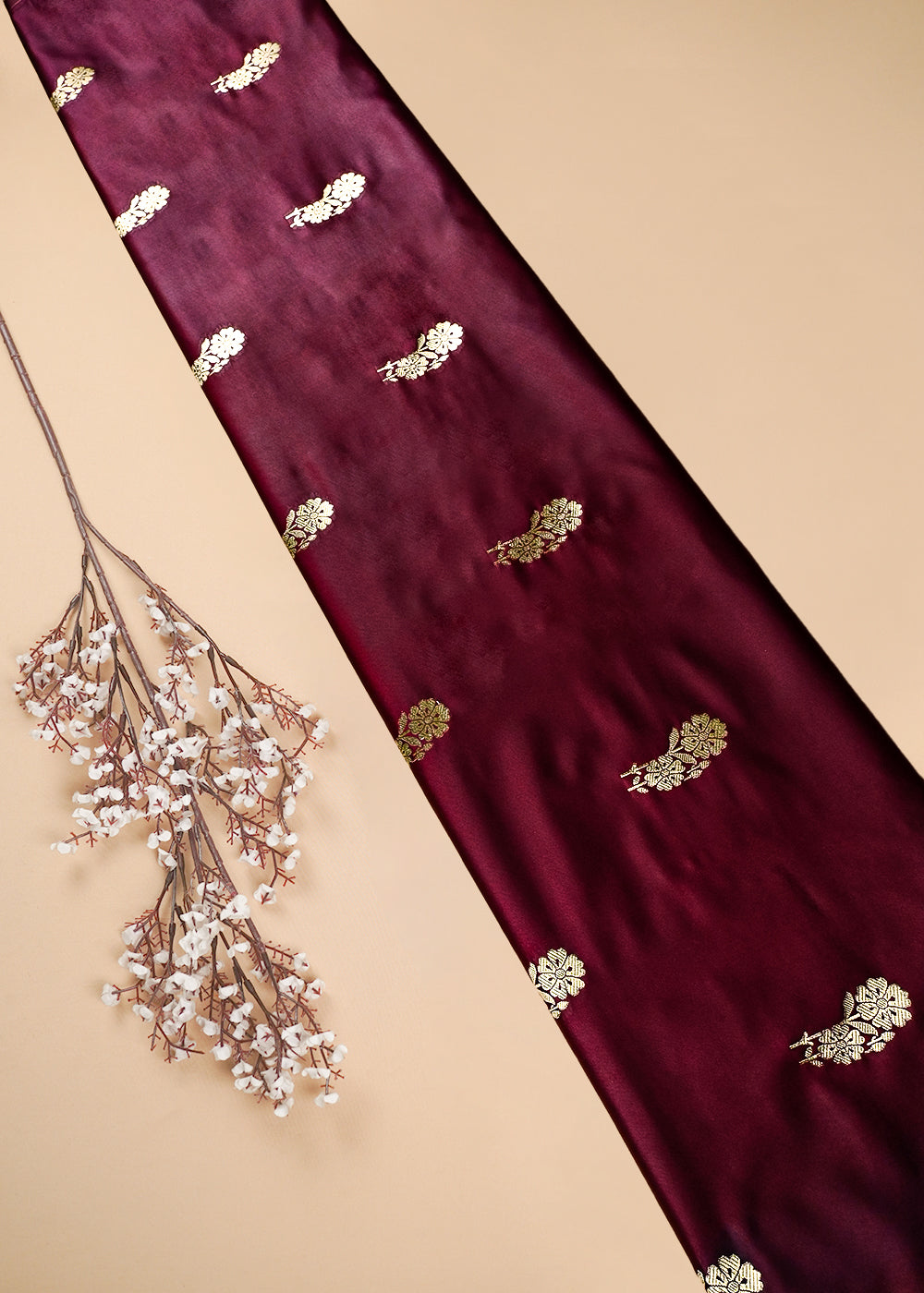 Wine Banarasi Brocade Fabric With All Over Zari Handloom 25700