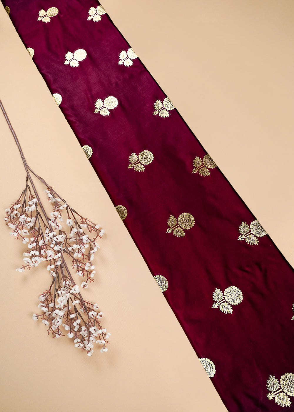 Wine Banarasi Brocade Fabric With All Over Thread And Zari Handloom 25722