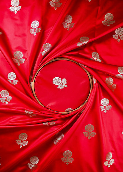 Red Banarasi Brocade Fabric With All Over Thread And Zari Handloom 25724