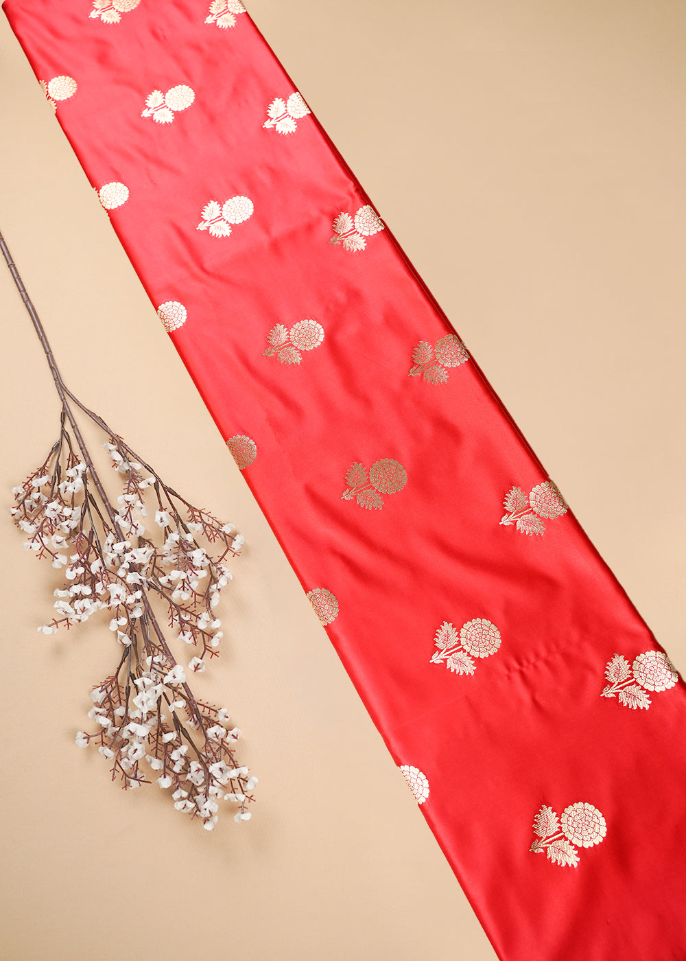 Red Banarasi Brocade Fabric With All Over Thread And Zari Handloom 25724