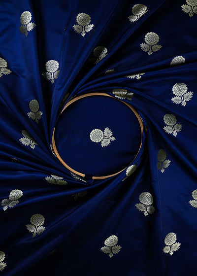 Navy Blue Banarasi Brocade Fabric With All Over Thread And Zari Handloom 25725