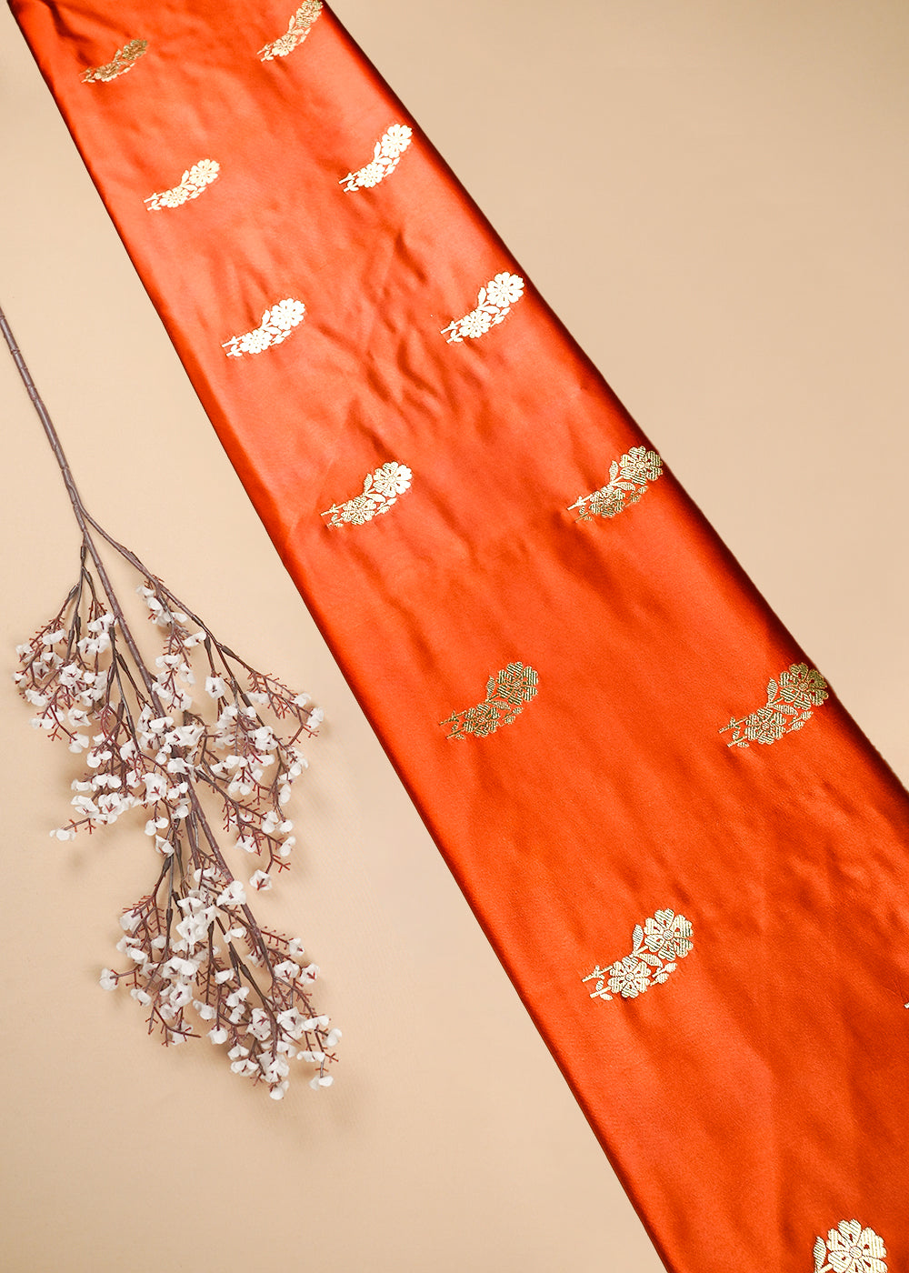 Rust Banarasi Brocade Fabric With All Over Zari Handloom 25728