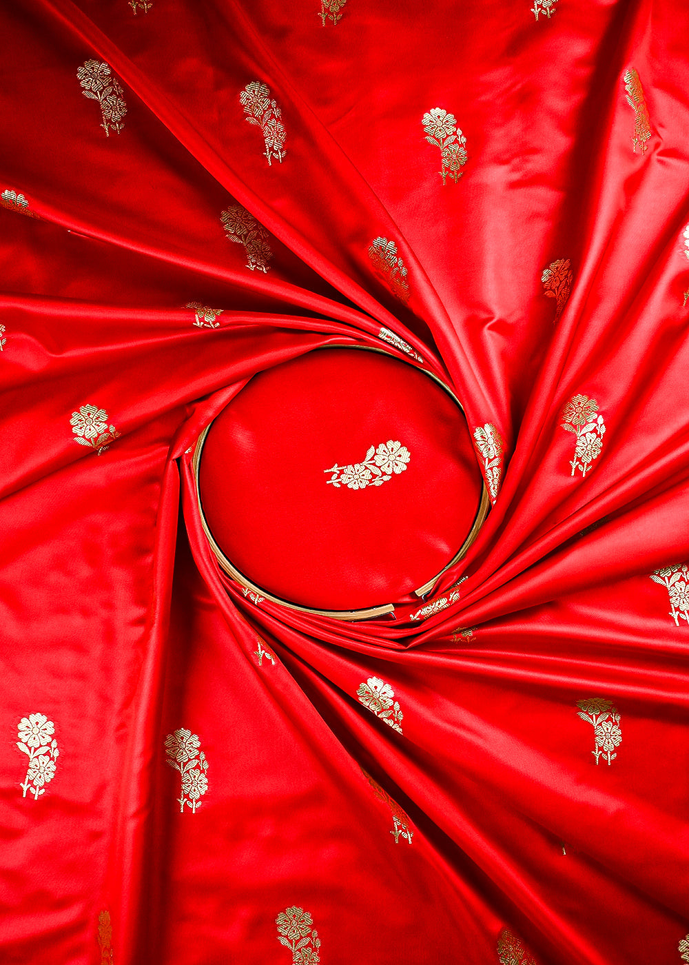 Red Banarasi Brocade Fabric With All Over Zari Handloom 25732