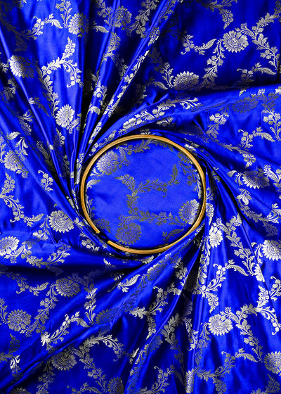 Royal Blue Banarasi Brocade Fabric With All Over Zari Handloom 25742
