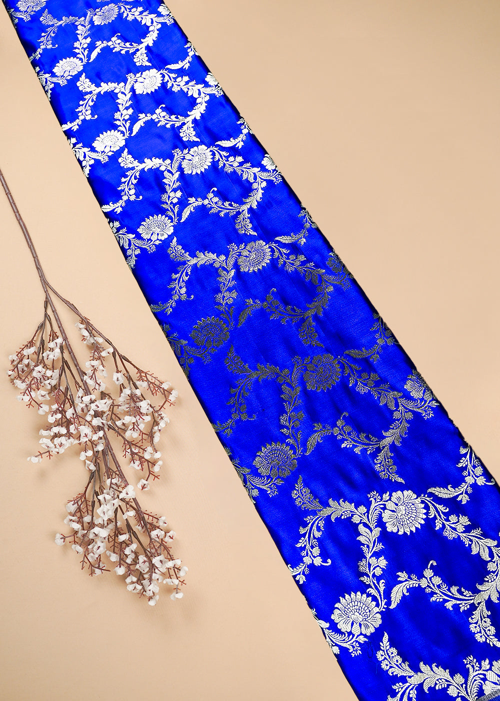 Royal Blue Banarasi Brocade Fabric With All Over Zari Handloom 25742