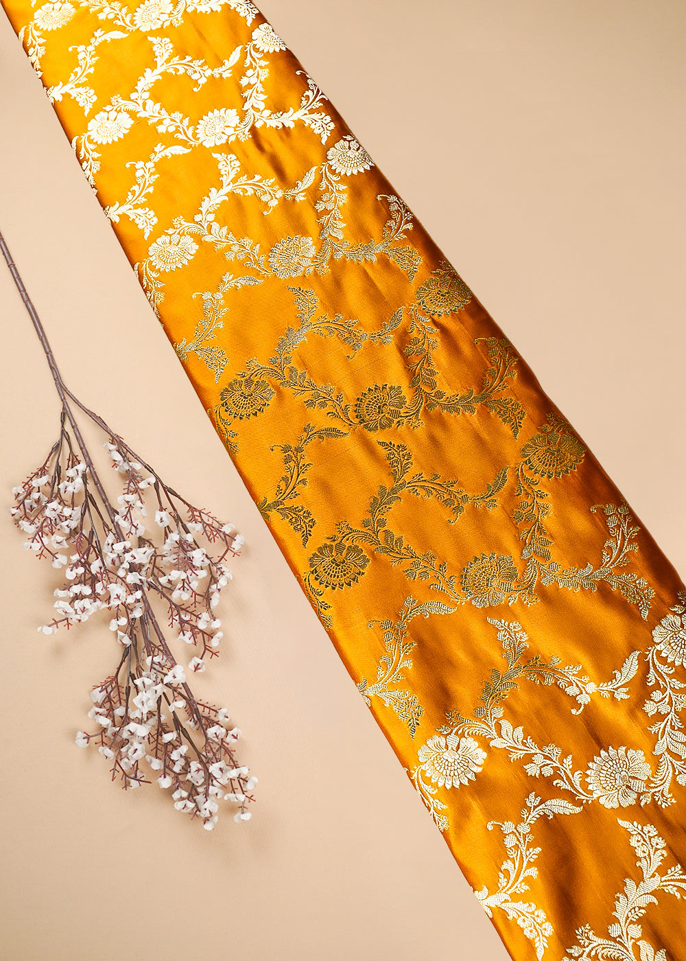 Mustard Banarasi Brocade Fabric With All Over Zari Handloom 25743