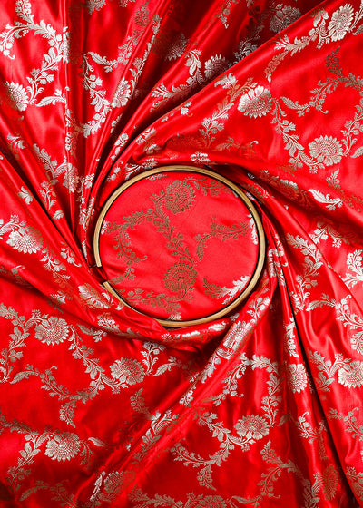 Red Banarasi Brocade Fabric With All Over Zari Handloom 25744