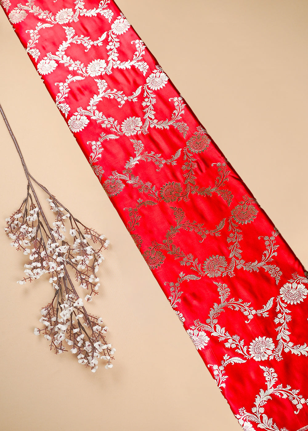 Red Banarasi Brocade Fabric With All Over Zari Handloom 25744