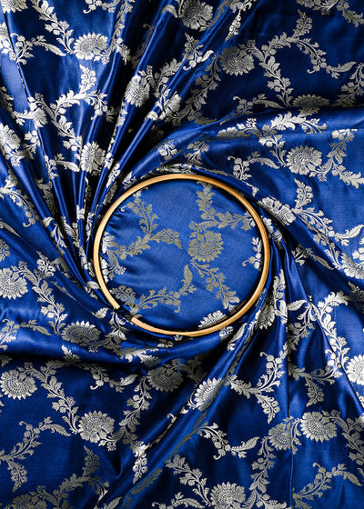 Navy Blue Banarasi Brocade Fabric With All Over Zari Handloom 25745