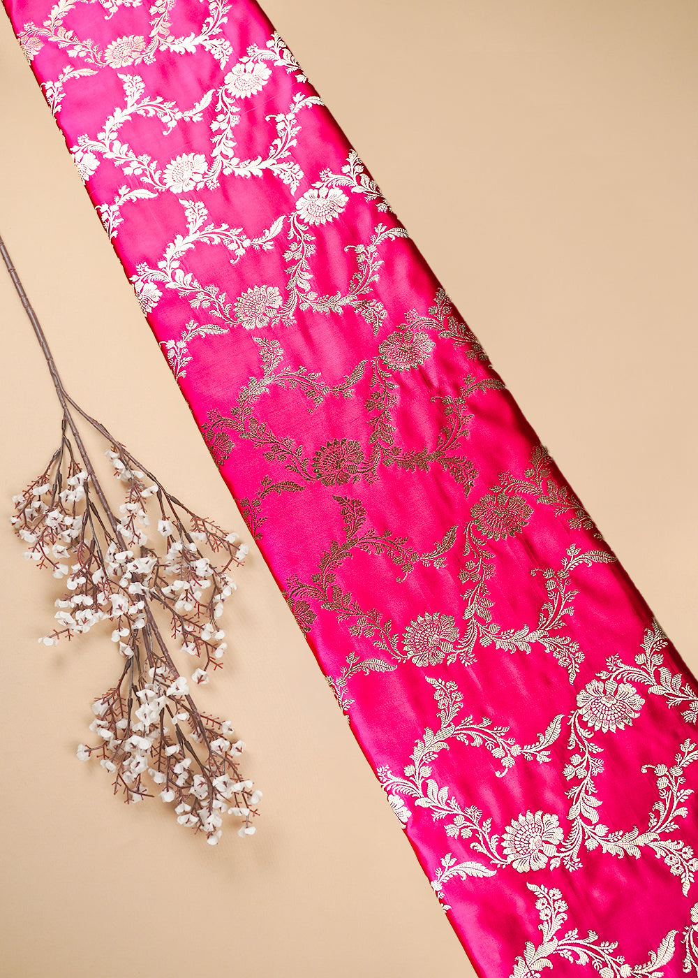 Rani Pink Banarasi Brocade Fabric With All Over Zari Handloom 25747
