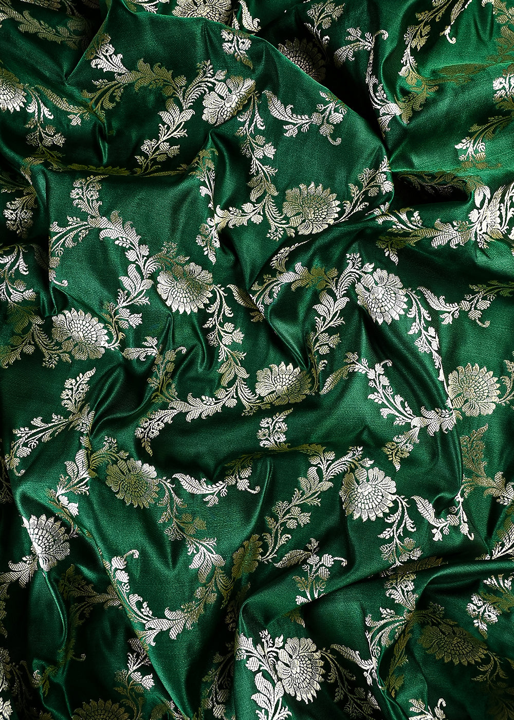 Bottle Green Banarasi Brocade Fabric With All Over Zari Handloom 25749