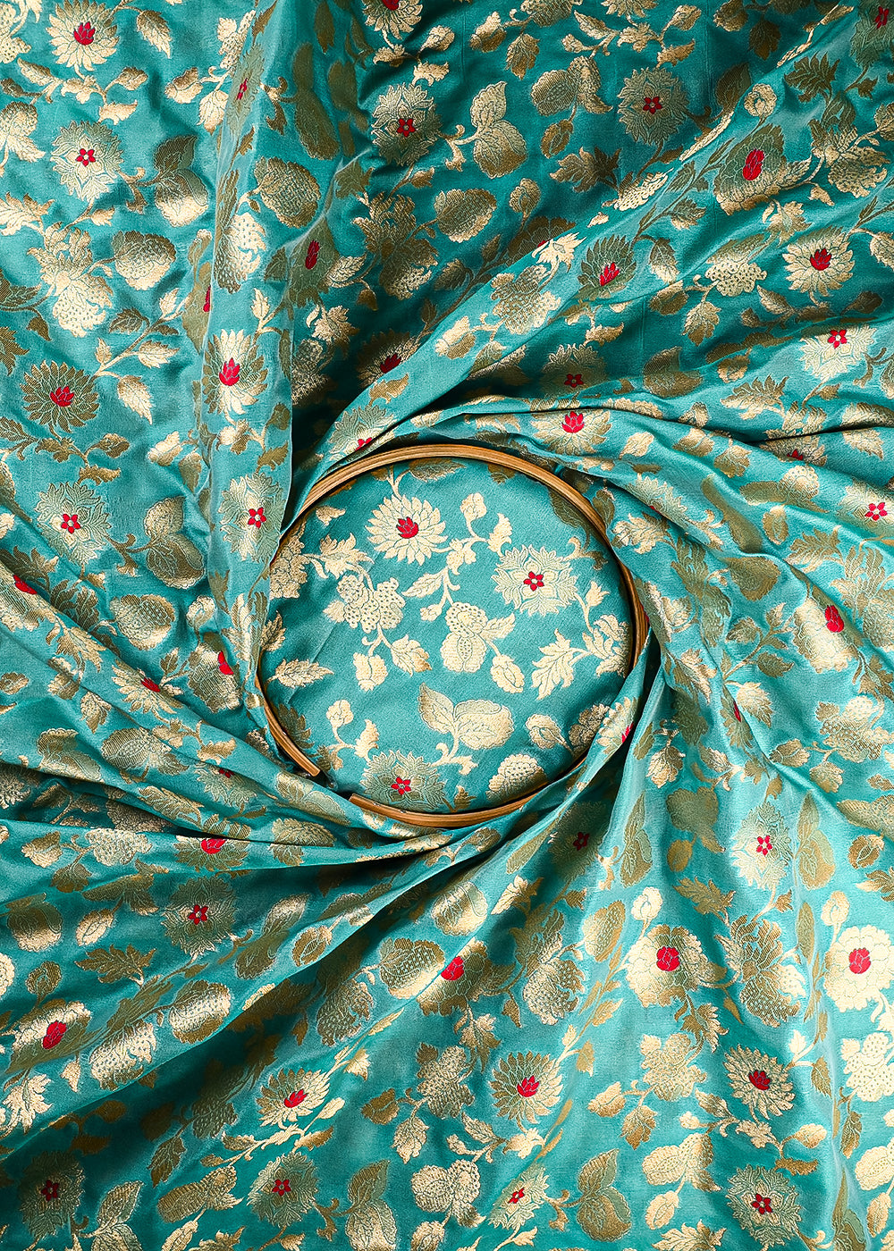Sea Green Banarasi Brocade Fabric With All Over Thread And Zari Handloom 25760