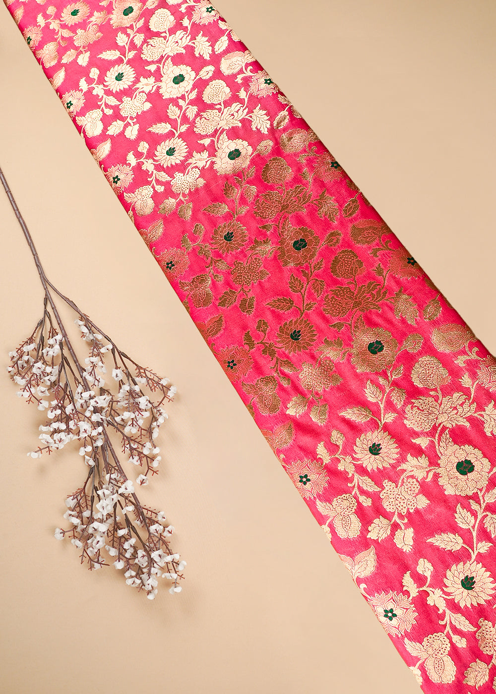 Gazri Pink Banarasi Brocade Fabric With All Over Thread And Zari Handloom 25761