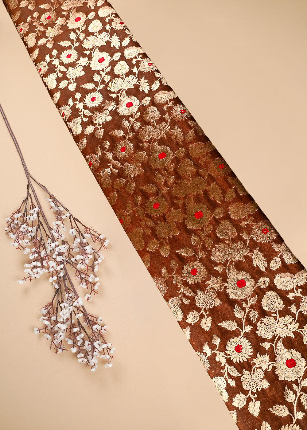 Brown Banarasi Brocade Fabric With All Over Thread And Zari Handloom 25762