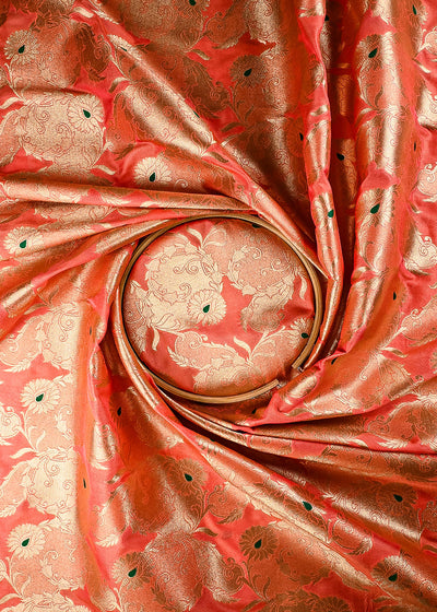 Peach Banarasi Brocade Fabric With All Over Thread And Zari Handloom 25763