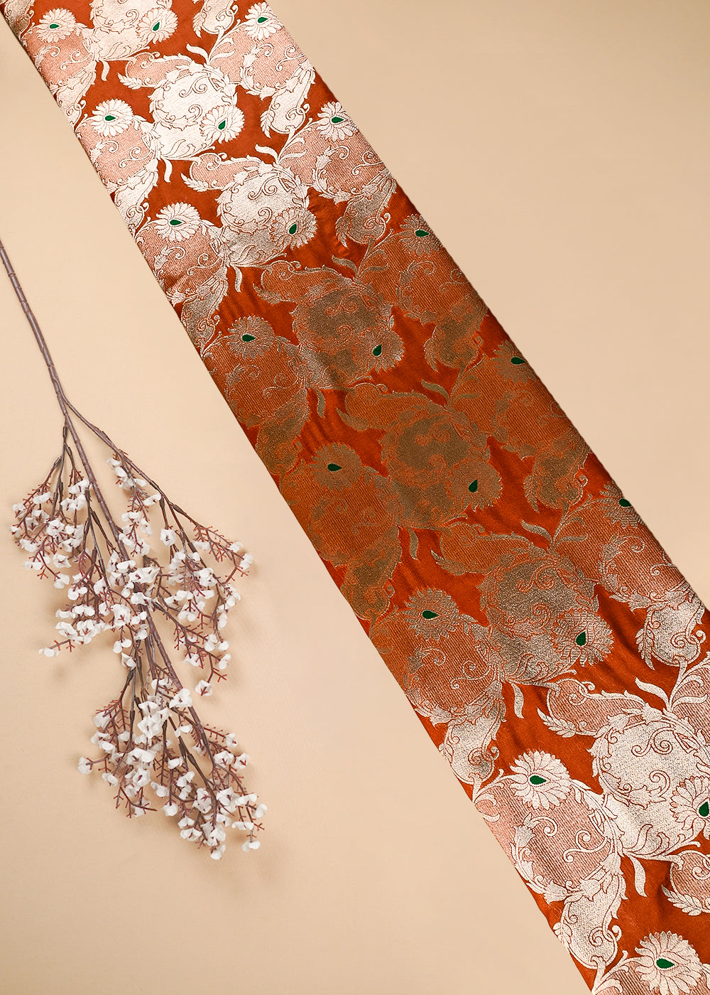 Rust Banarasi Brocade Fabric With All Over Thread And Zari Handloom 25764