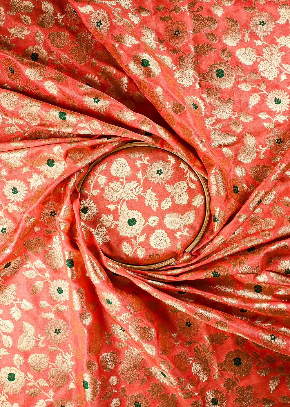Peach Banarasi Brocade Fabric With All Over Thread And Zari Handloom 25765