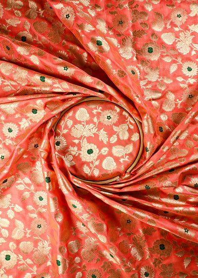 Peach Banarasi Brocade Fabric With All Over Thread And Zari Handloom 25765