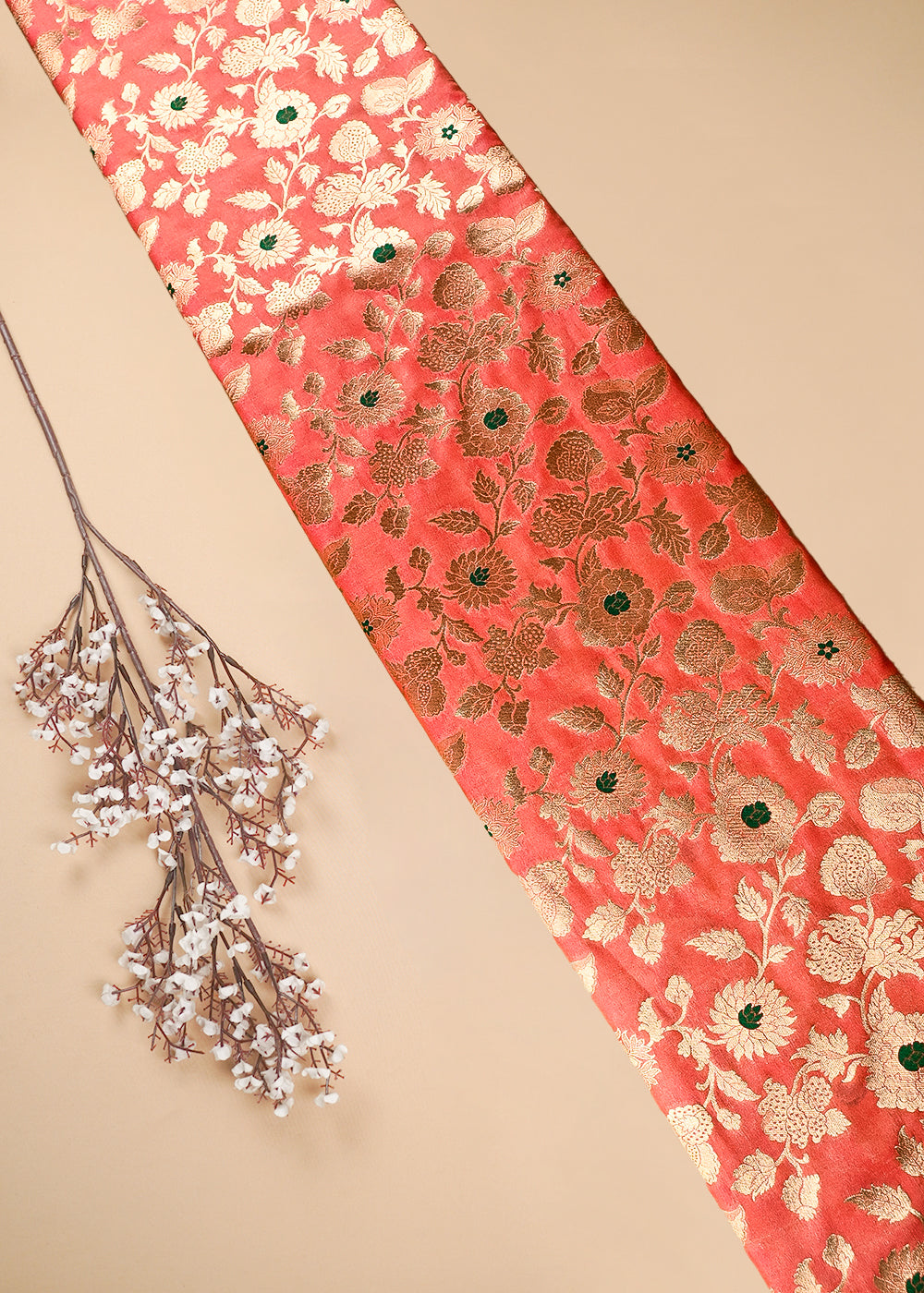 Peach Banarasi Brocade Fabric With All Over Thread And Zari Handloom 25765