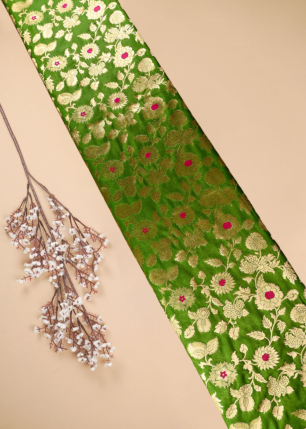 Green Banarasi Brocade Fabric With All Over Thread And Zari Handloom 25767