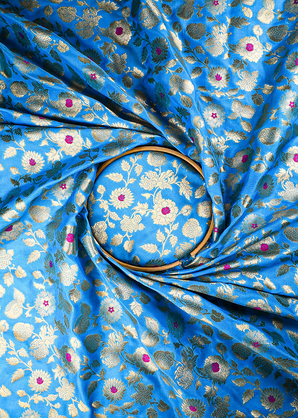 Firozi Banarasi Brocade Fabric With All Over Thread And Zari Handloom 25769