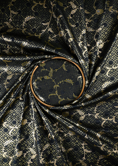 Black Banarasi Brocade Fabric With All Over Zari Handloom 25773