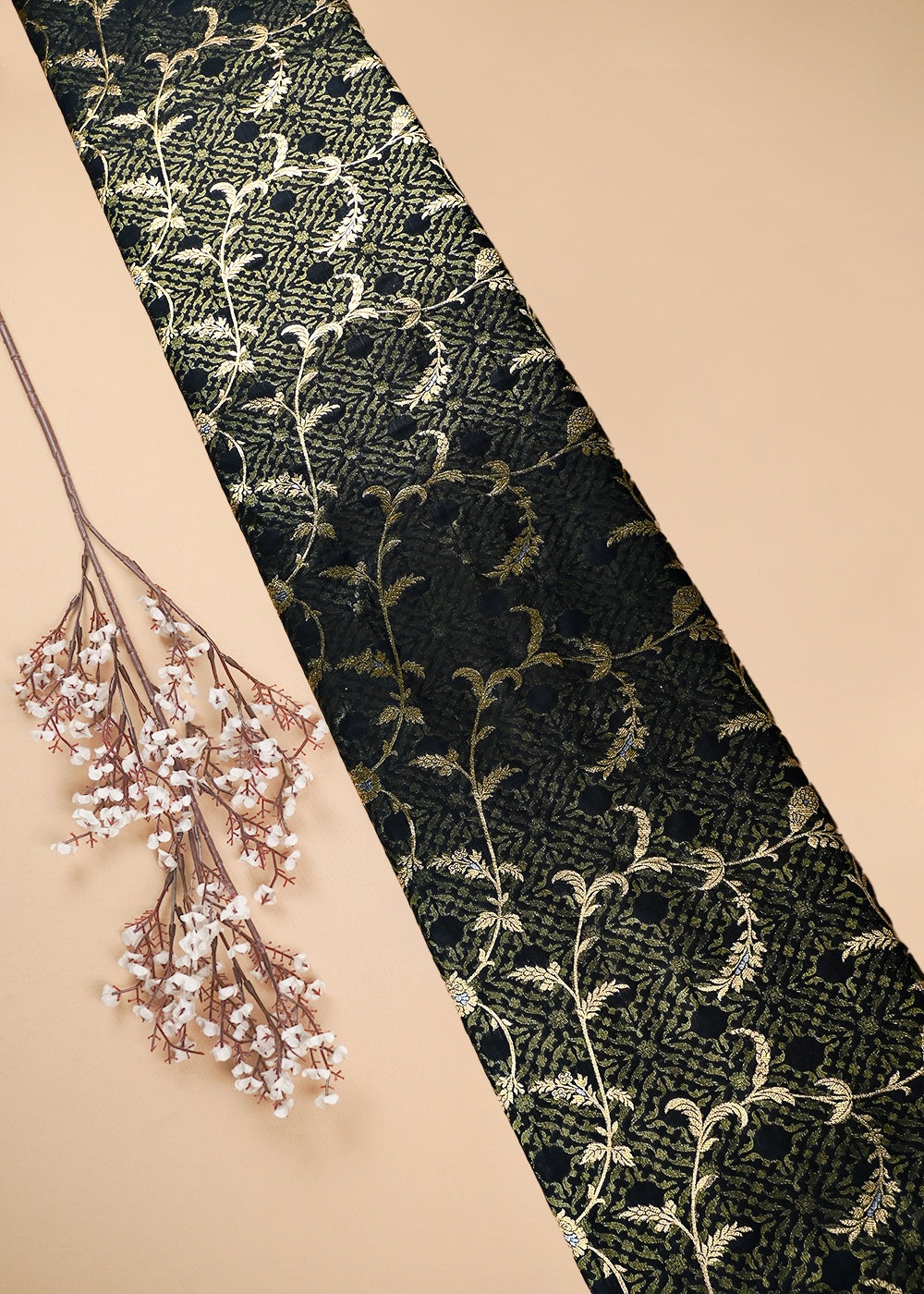 Black Banarasi Brocade Fabric With All Over Zari Handloom 25773