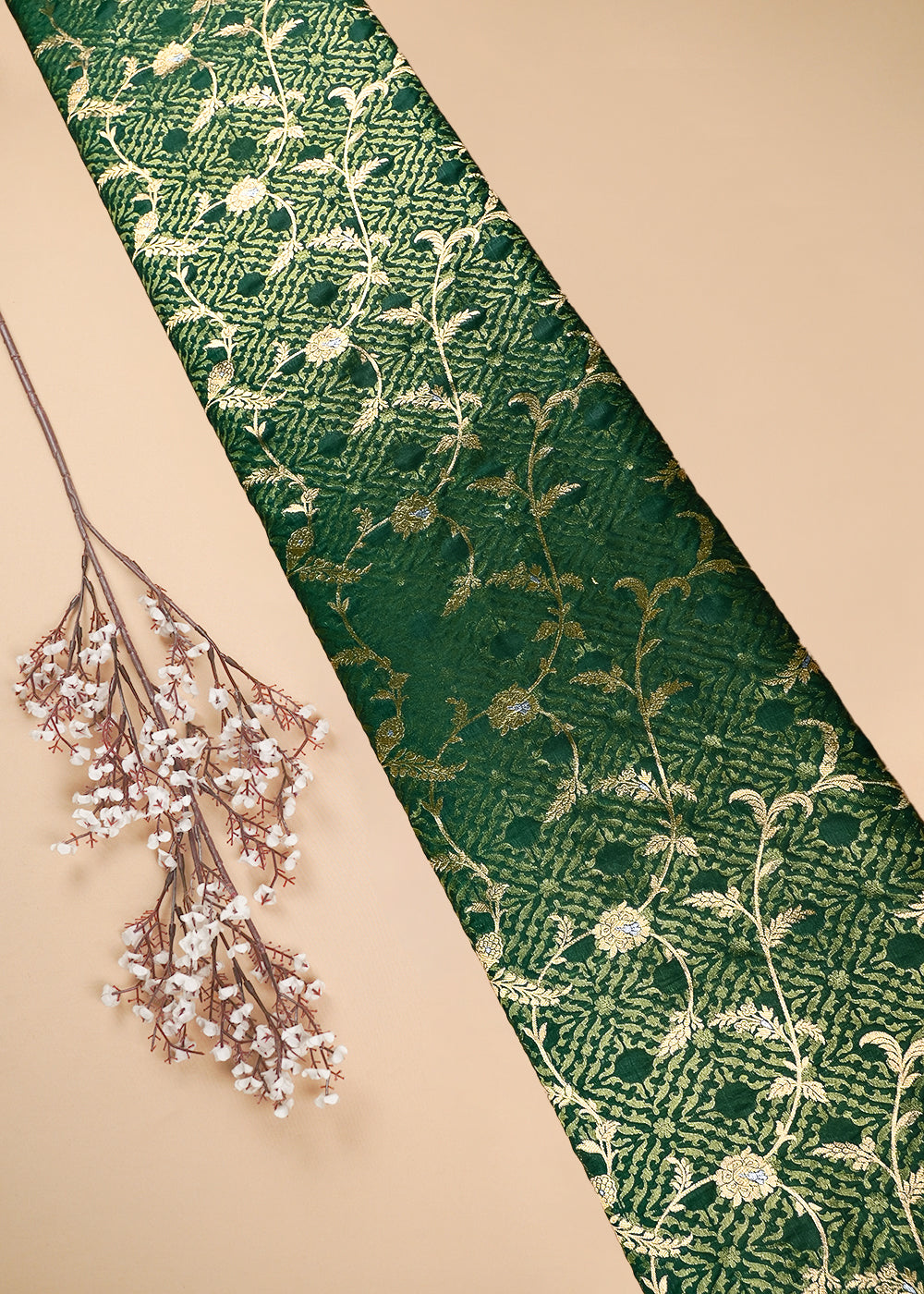Bottle Green Banarasi Brocade Fabric With All Over Zari Handloom 25774