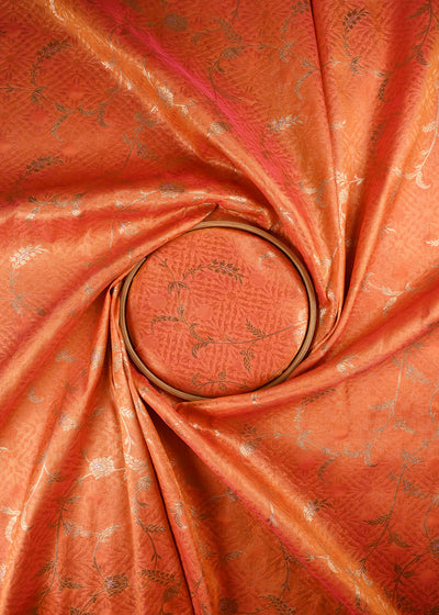 Orange Banarasi Brocade Fabric With All Over Zari Handloom 25776