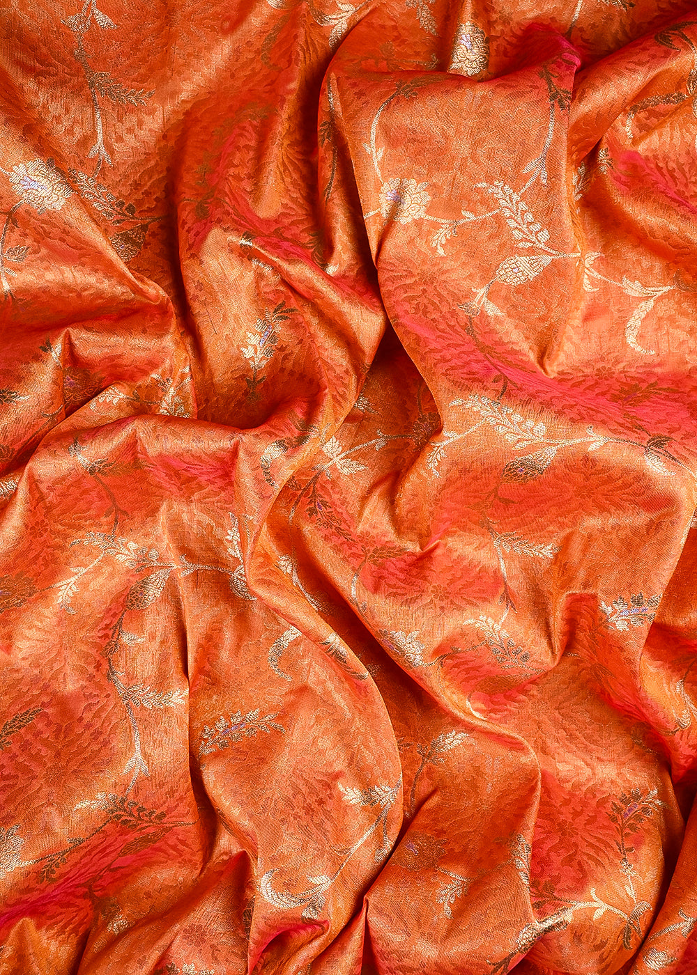 Orange Banarasi Brocade Fabric With All Over Zari Handloom 25776