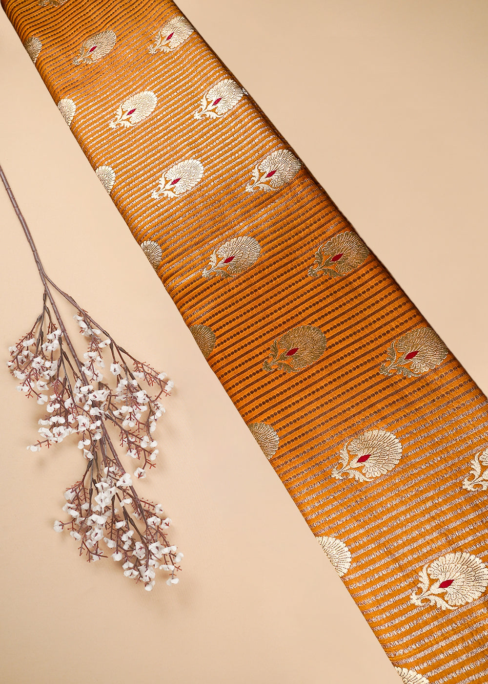 Mustard Banarasi Brocade Fabric With All Over Thread And Zari Handloom 25778