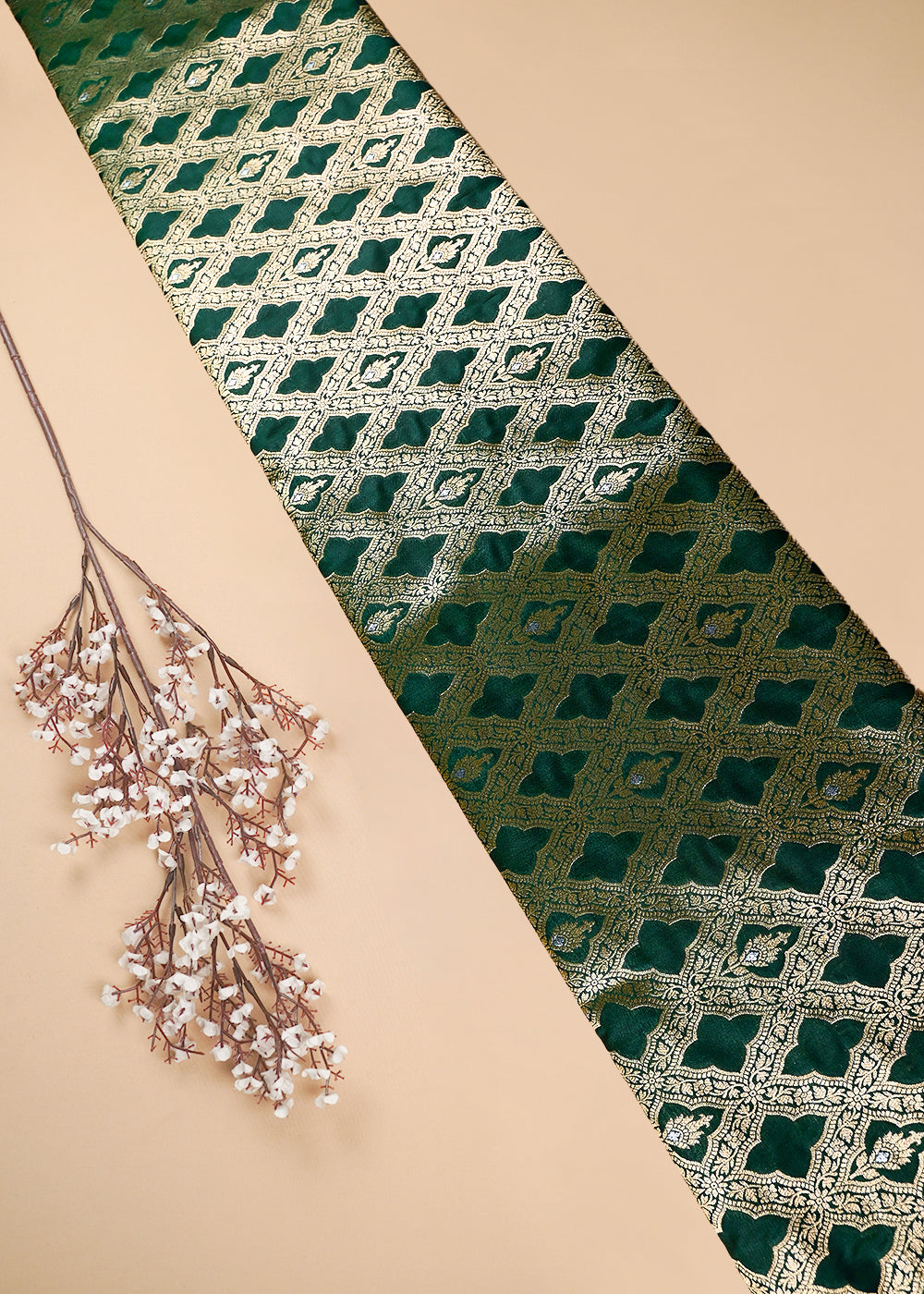 Bottle Green Banarasi Brocade Fabric With All Over Thread And Zari Handloom 25779