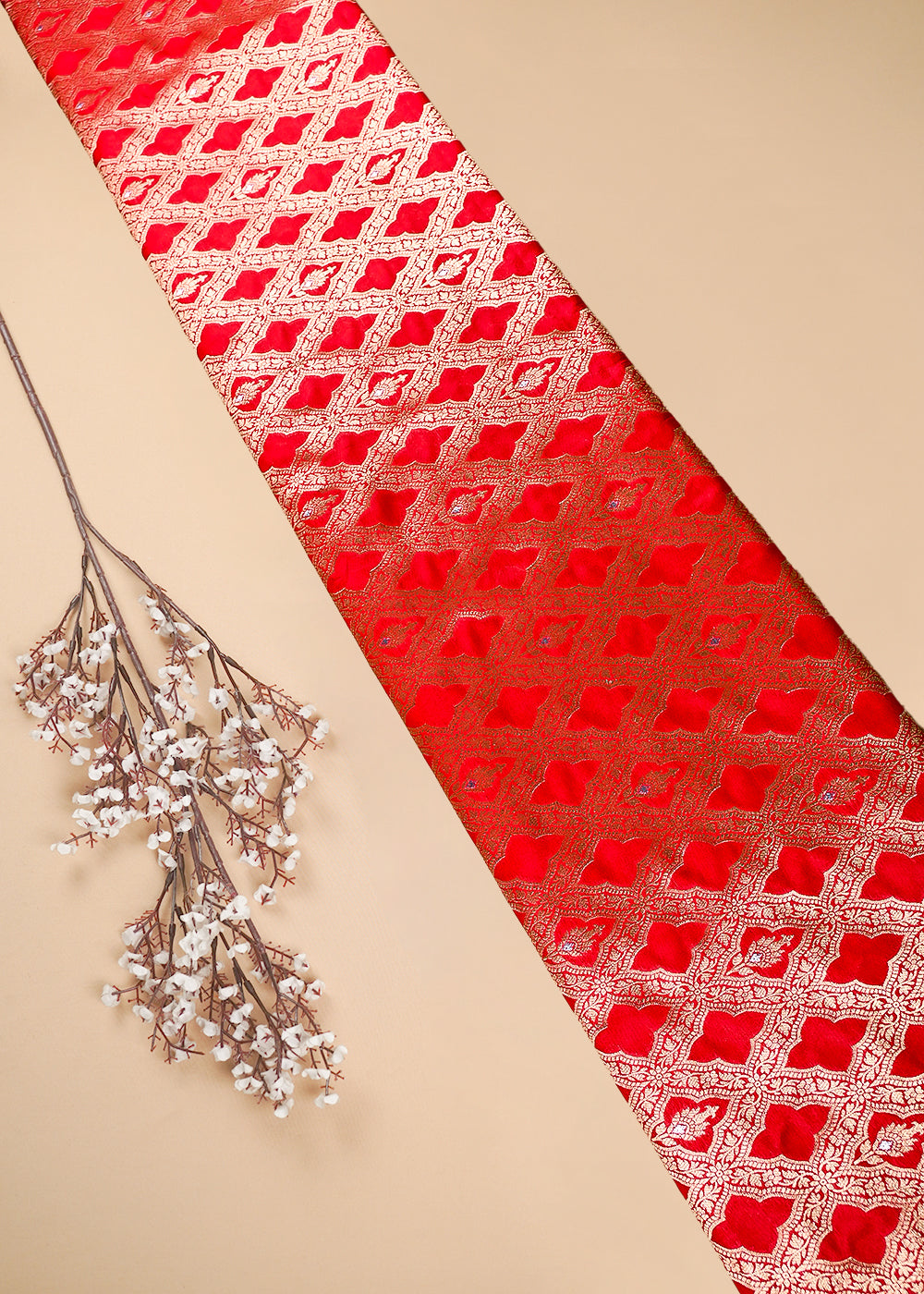 Red Banarasi Brocade Fabric With All Over Thread And Zari Handloom 25781