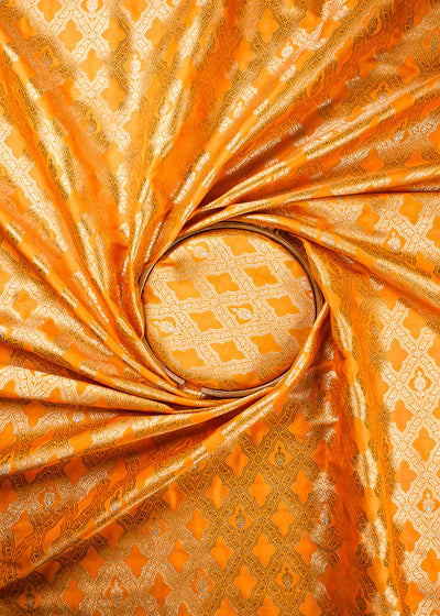 Yellow Banarasi Brocade Fabric With All Over Thread And Zari Handloom 25782
