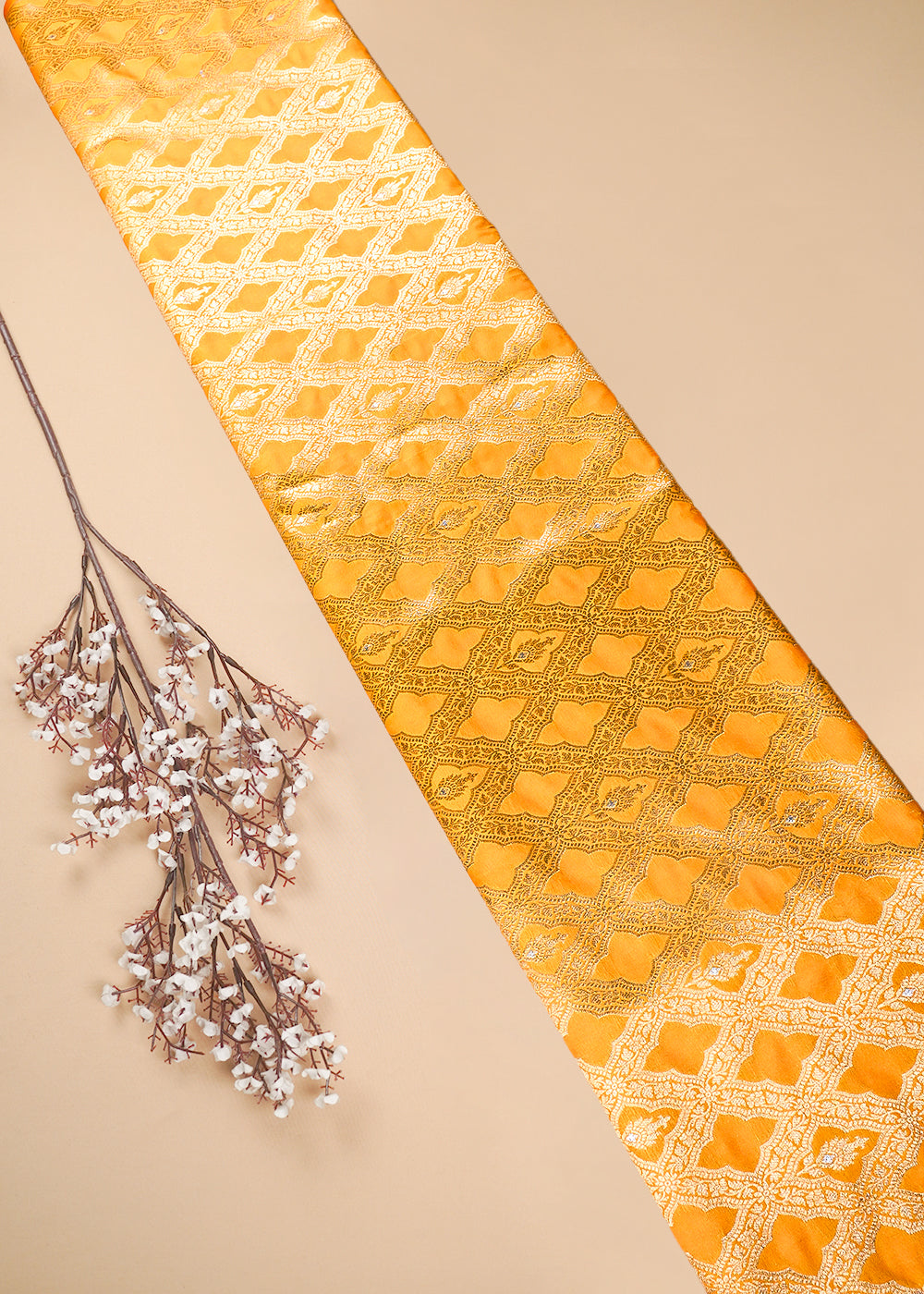 Yellow Banarasi Brocade Fabric With All Over Thread And Zari Handloom 25782