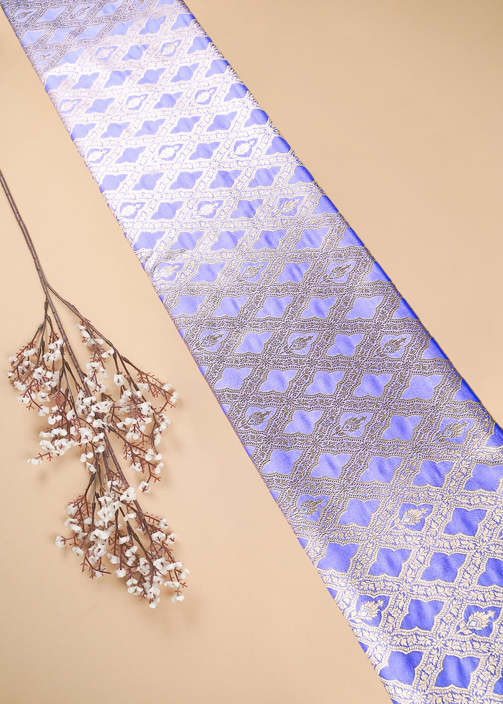 Light Lavender Banarasi Brocade Fabric With All Over Thread And Zari Handloom 25784