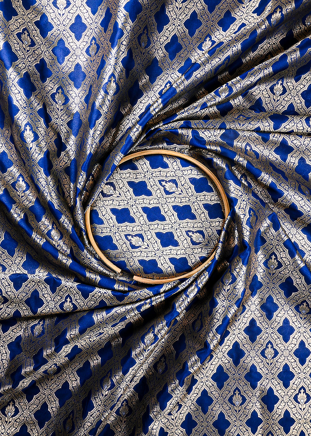 Navy Blue Banarasi Brocade Fabric With All Over Thread And Zari Handloom 25785