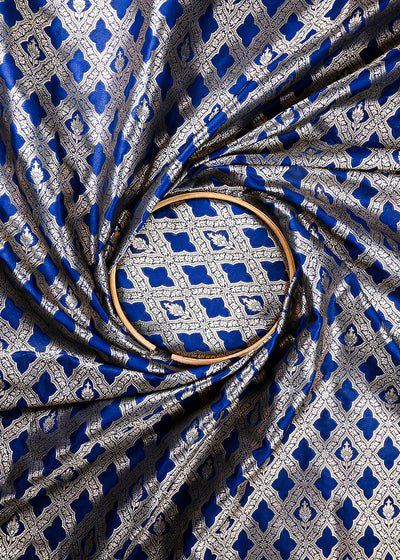 Navy Blue Banarasi Brocade Fabric With All Over Thread And Zari Handloom 25785