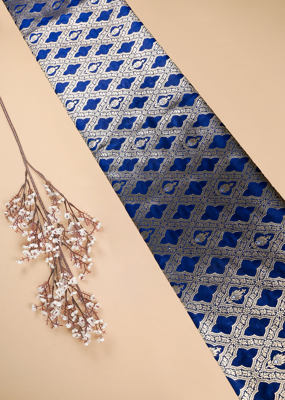 Navy Blue Banarasi Brocade Fabric With All Over Thread And Zari Handloom 25785