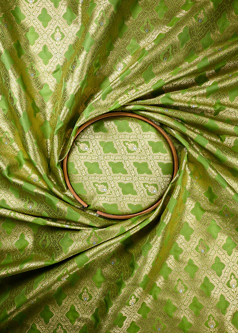 Pista Green Banarasi Brocade Fabric With All Over Thread And Zari Handloom 25786
