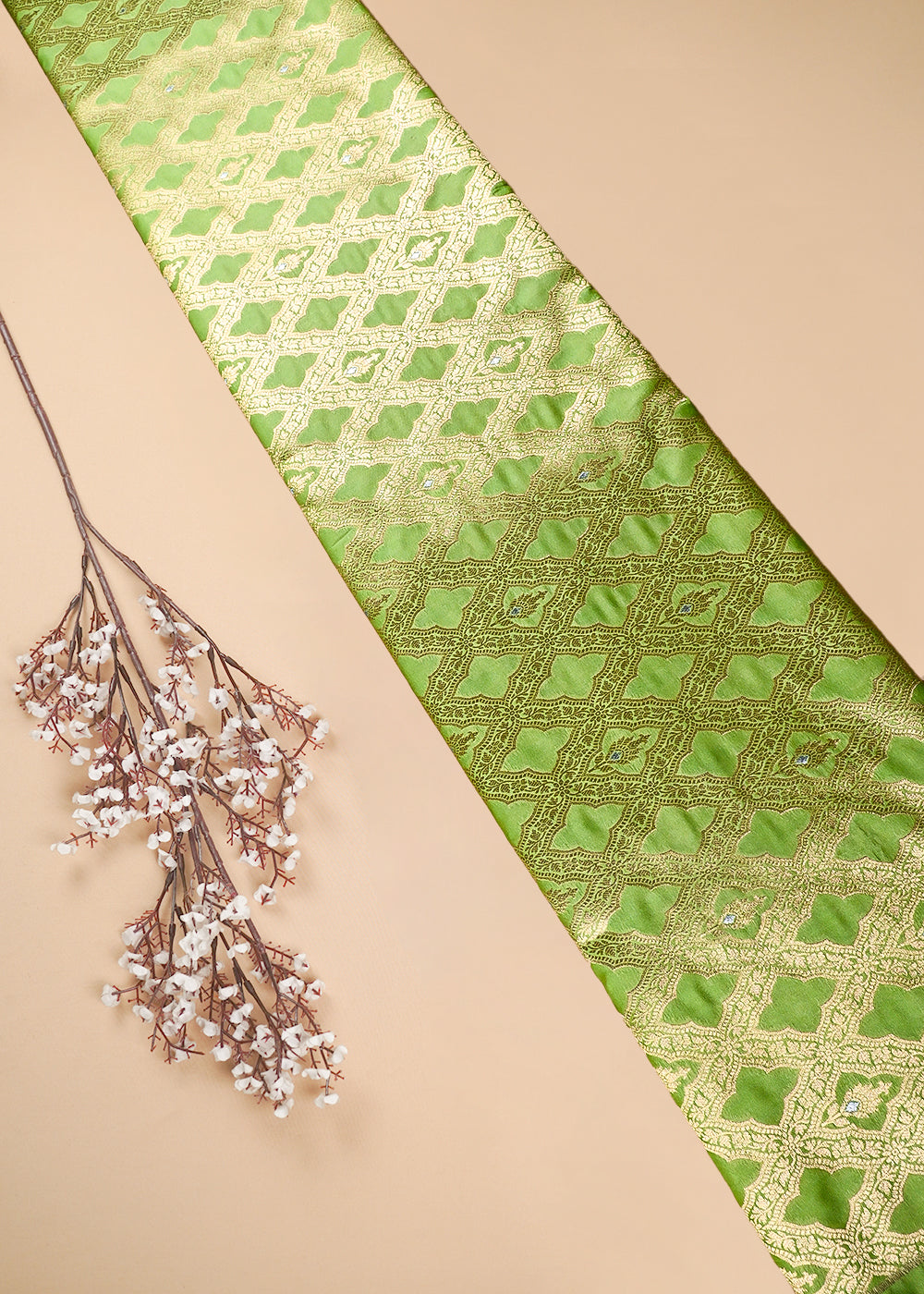 Pista Green Banarasi Brocade Fabric With All Over Thread And Zari Handloom 25786