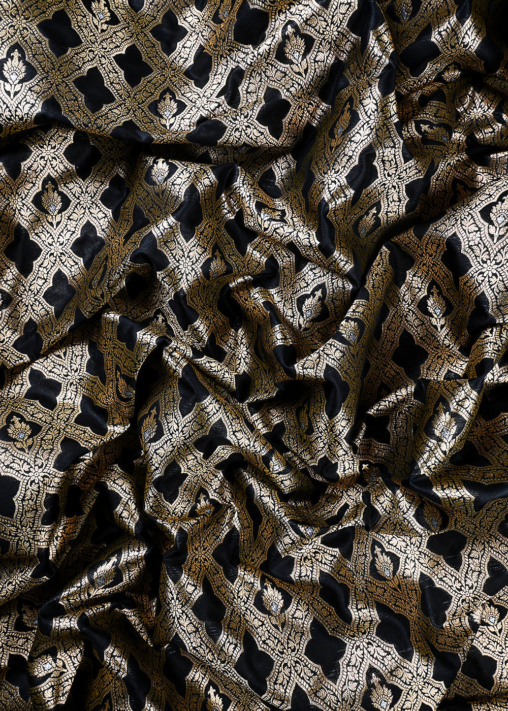 Black Banarasi Brocade Fabric With All Over Thread And Zari Handloom 25787