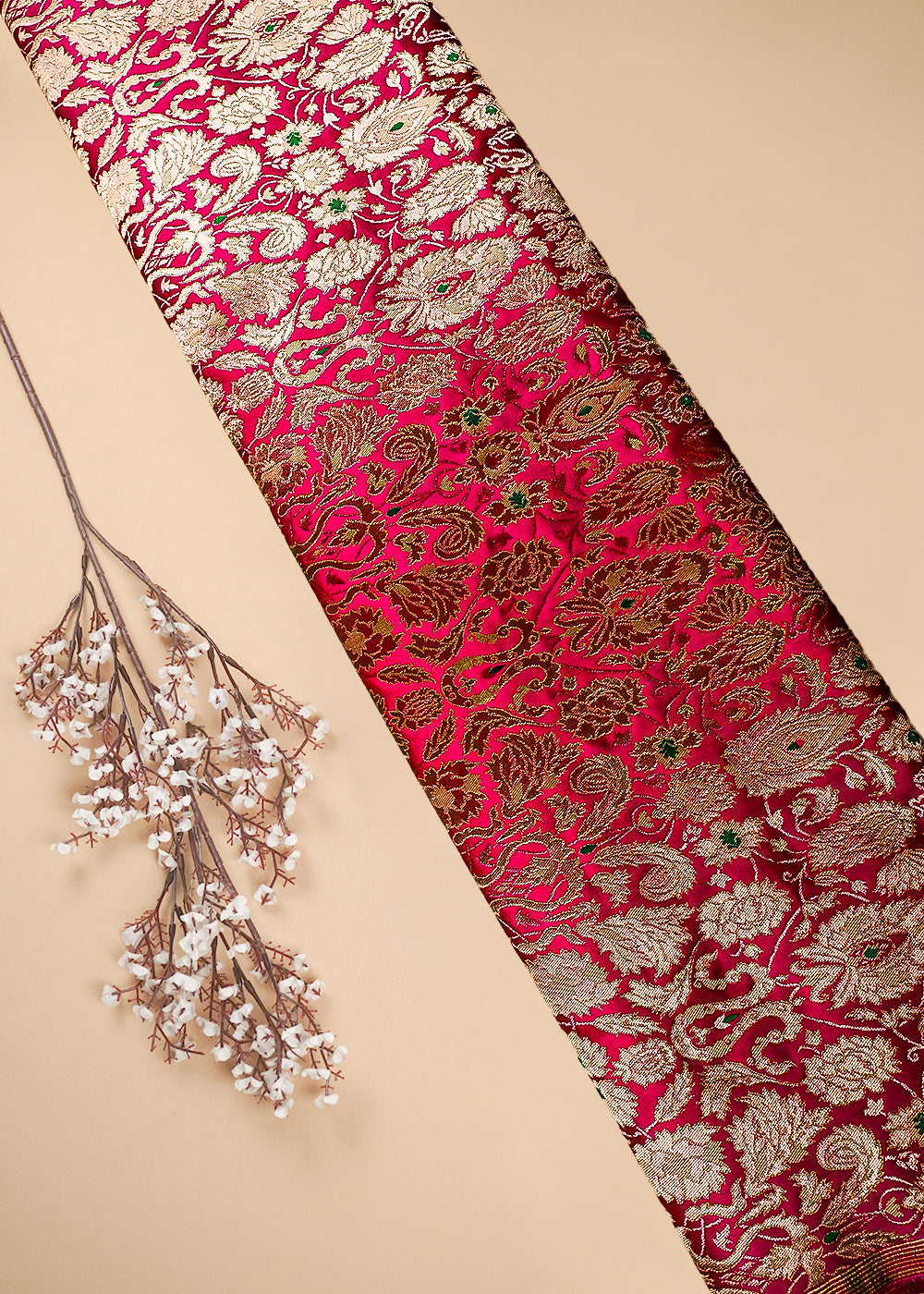 Rani Pink Pure Banarasi Brocade Fabric With All Over Thread And Zari Handloom 25790