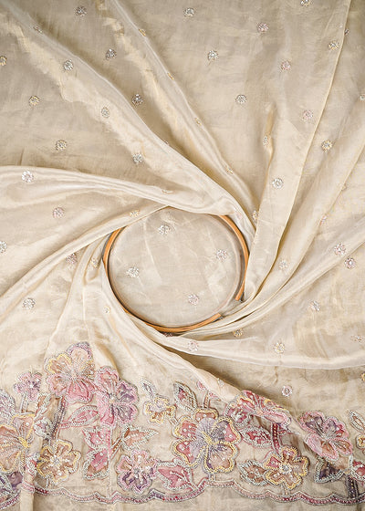 Golden Dyeable Tissue Fabric With All Over Zari, Sequins And Katdana Work With One Side Border 25792